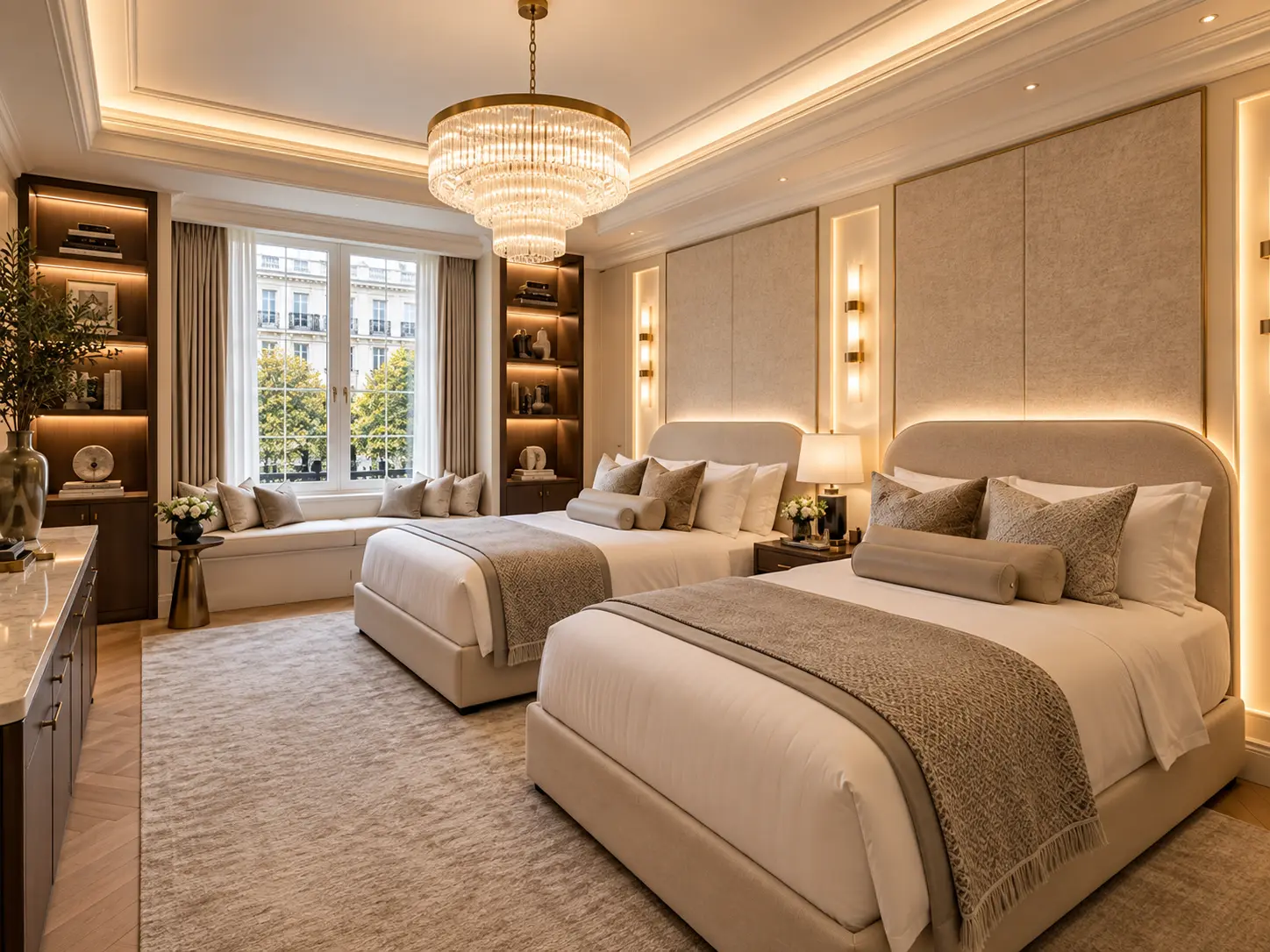 Twin bedroom suite with window seat at The Knightsbridge Private Residence
