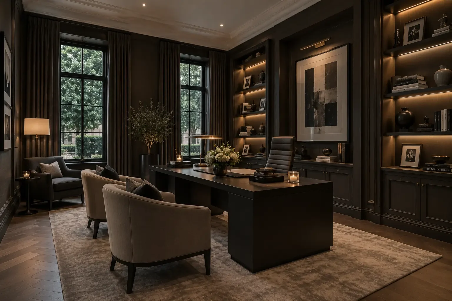 Study with desk and fitted shelving at the Chelsea Private Residence