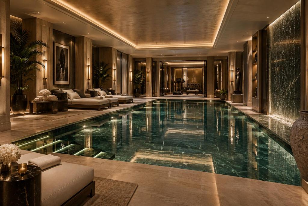 Heated indoor pool beside a garden-facing living space in the Belgravia residence