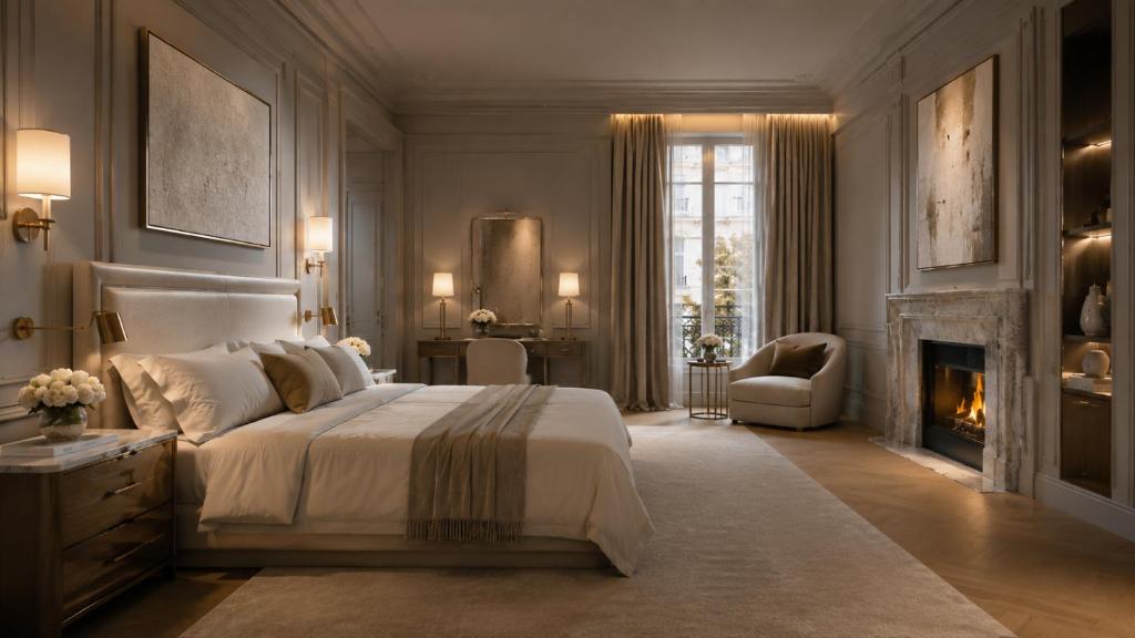 Principal bedroom with fireplace at the Knightsbridge Pool Villa