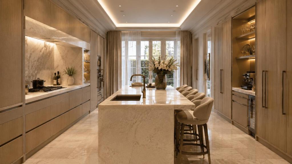 Chef’s kitchen with marble island at the Knightsbridge Pool Villa