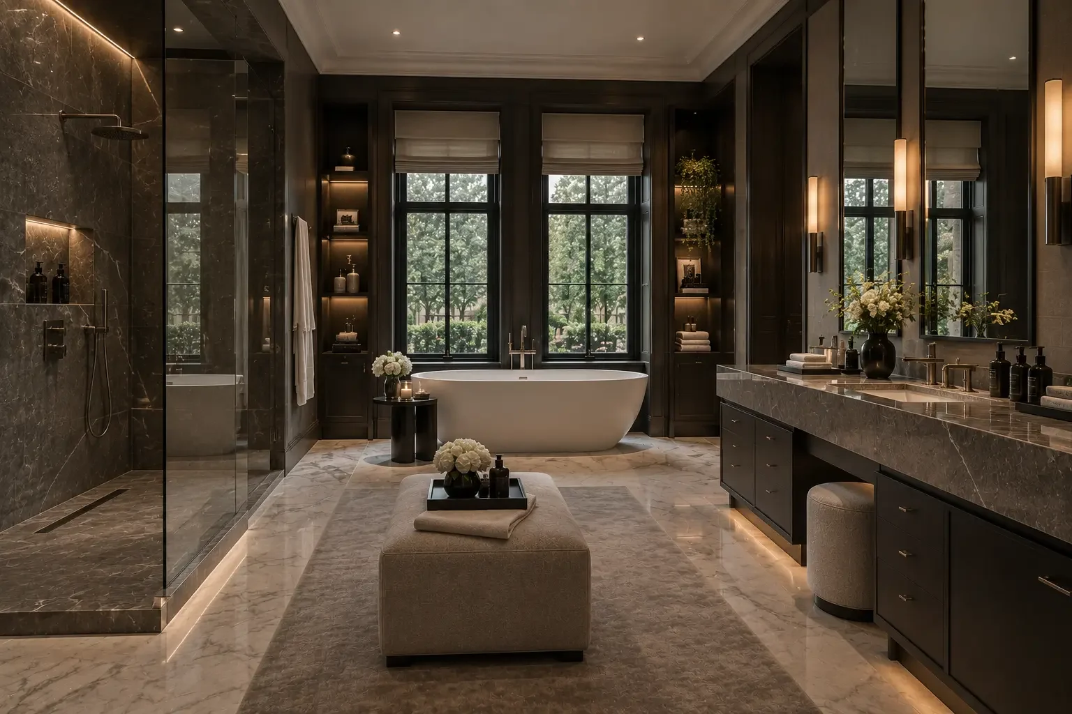 Bathroom with freestanding bath and walk-in shower at the Chelsea Private Residence