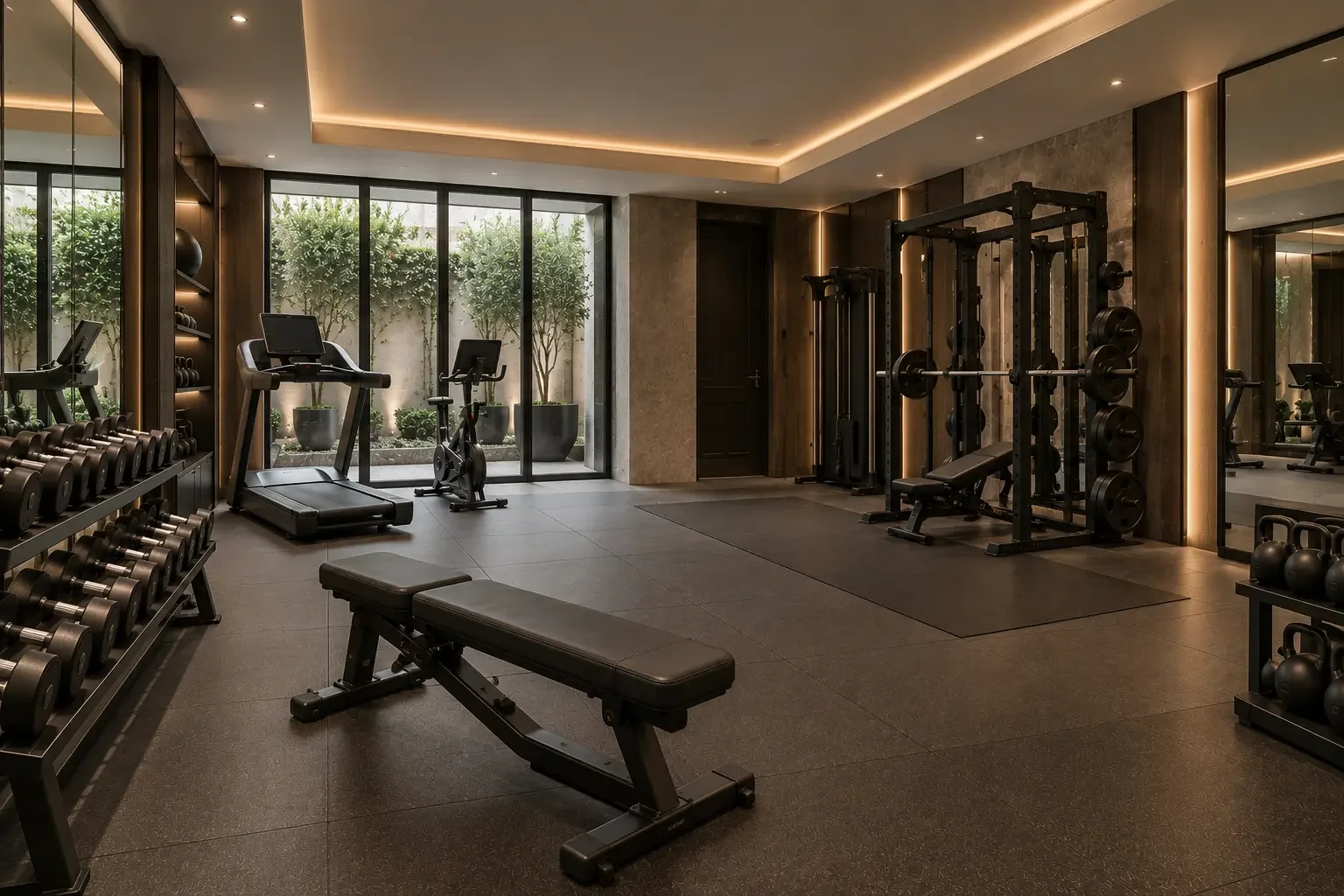 Gym with weights and exercise equipment at the Chelsea Private Residence
