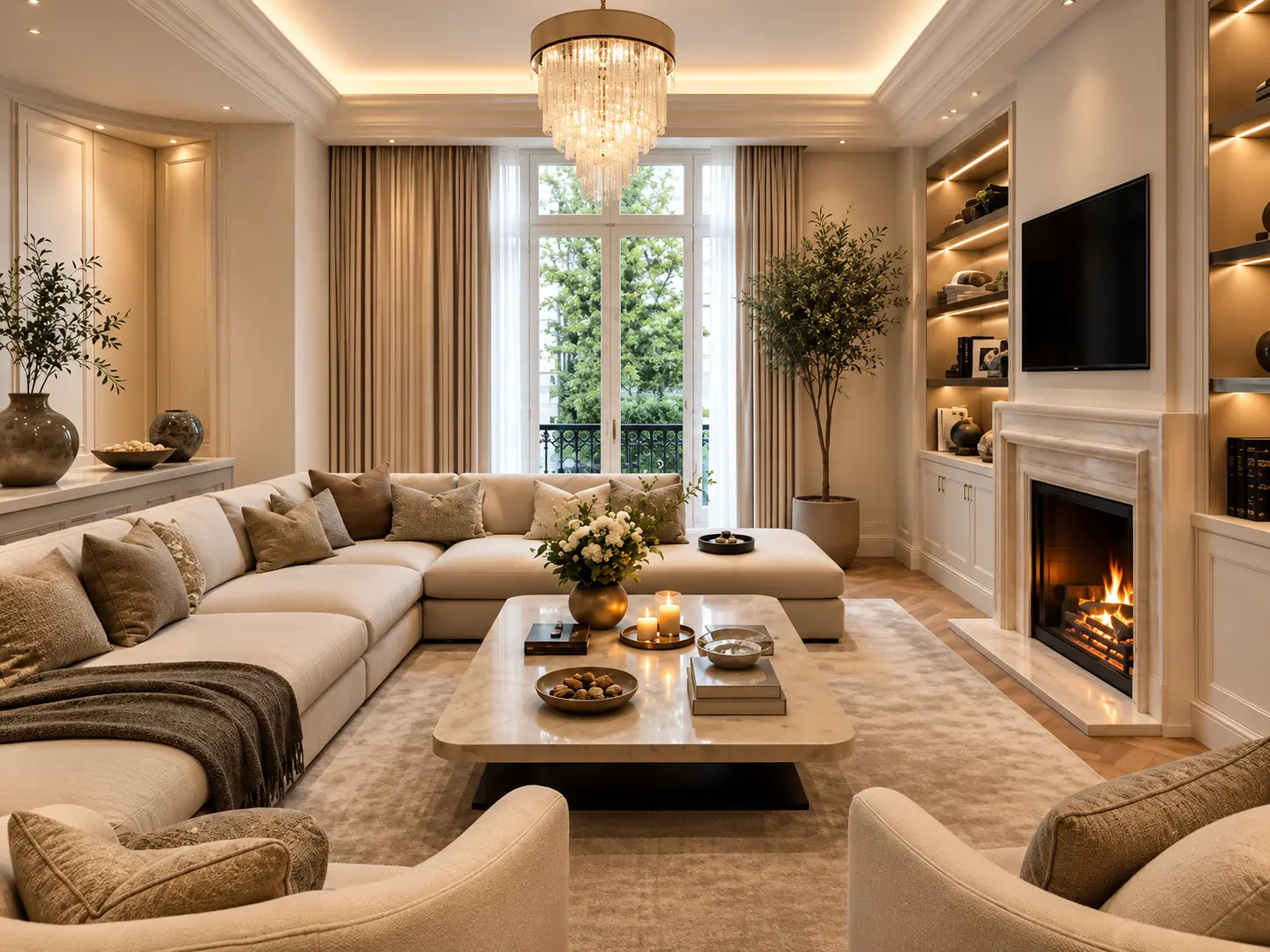 Drawing room with fireplace and crystal chandelier at The Knightsbridge Private Residence