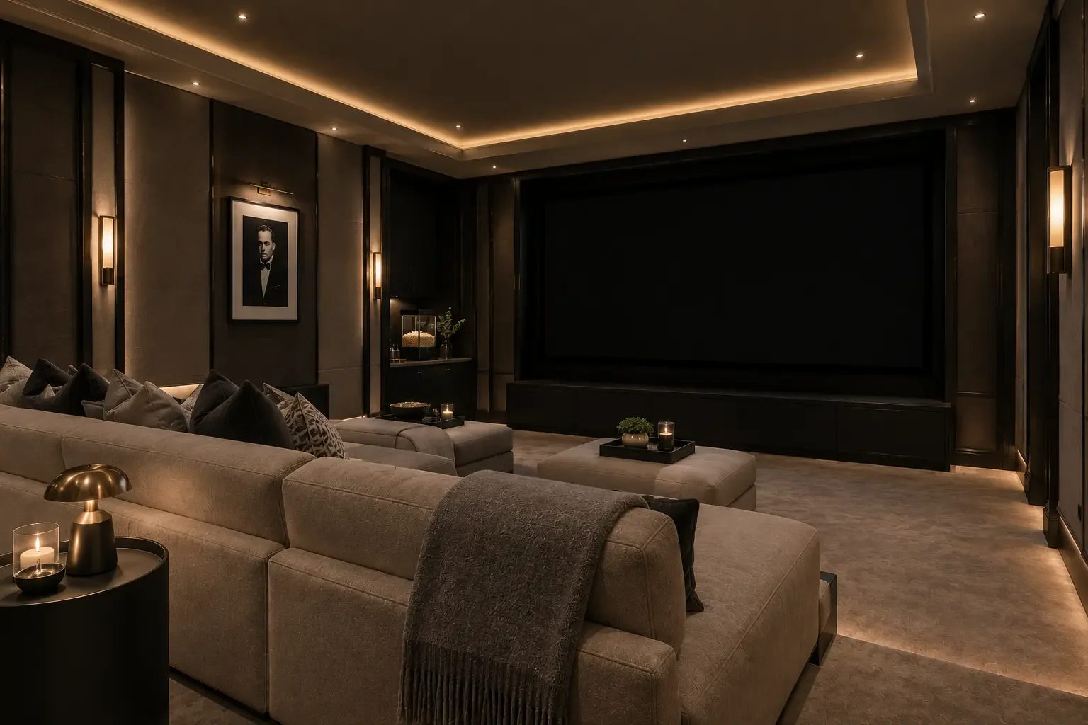 Cinema room with screen and tiered seating at the Chelsea Private Residence