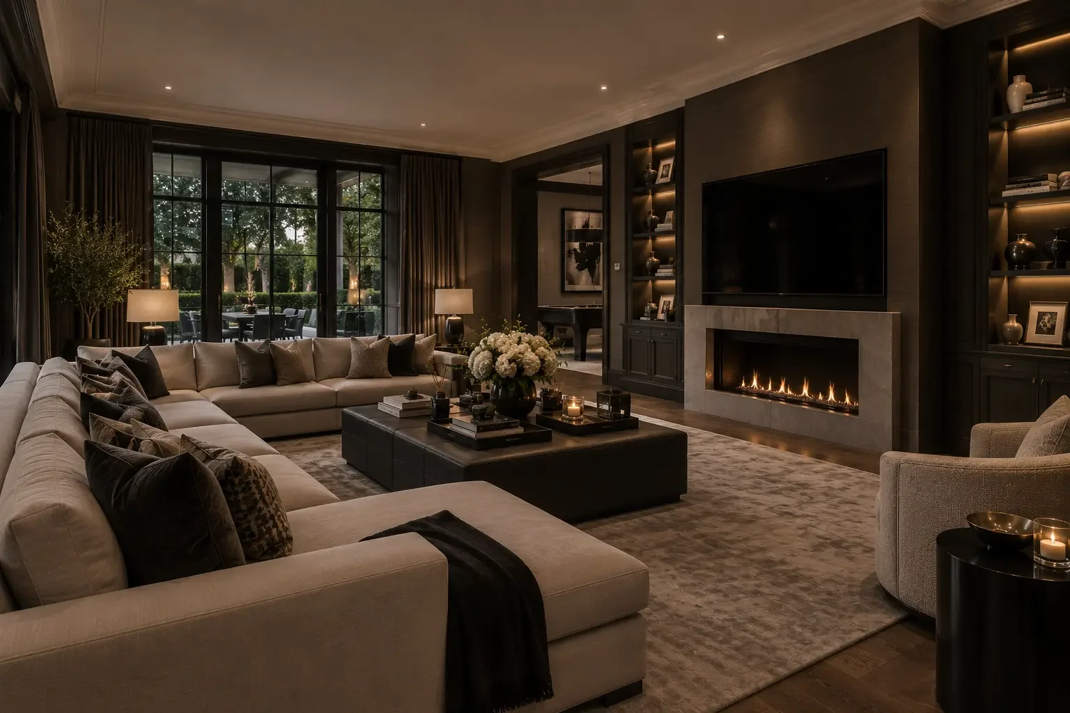 Living room with fireplace and seating at the Chelsea Private Residence