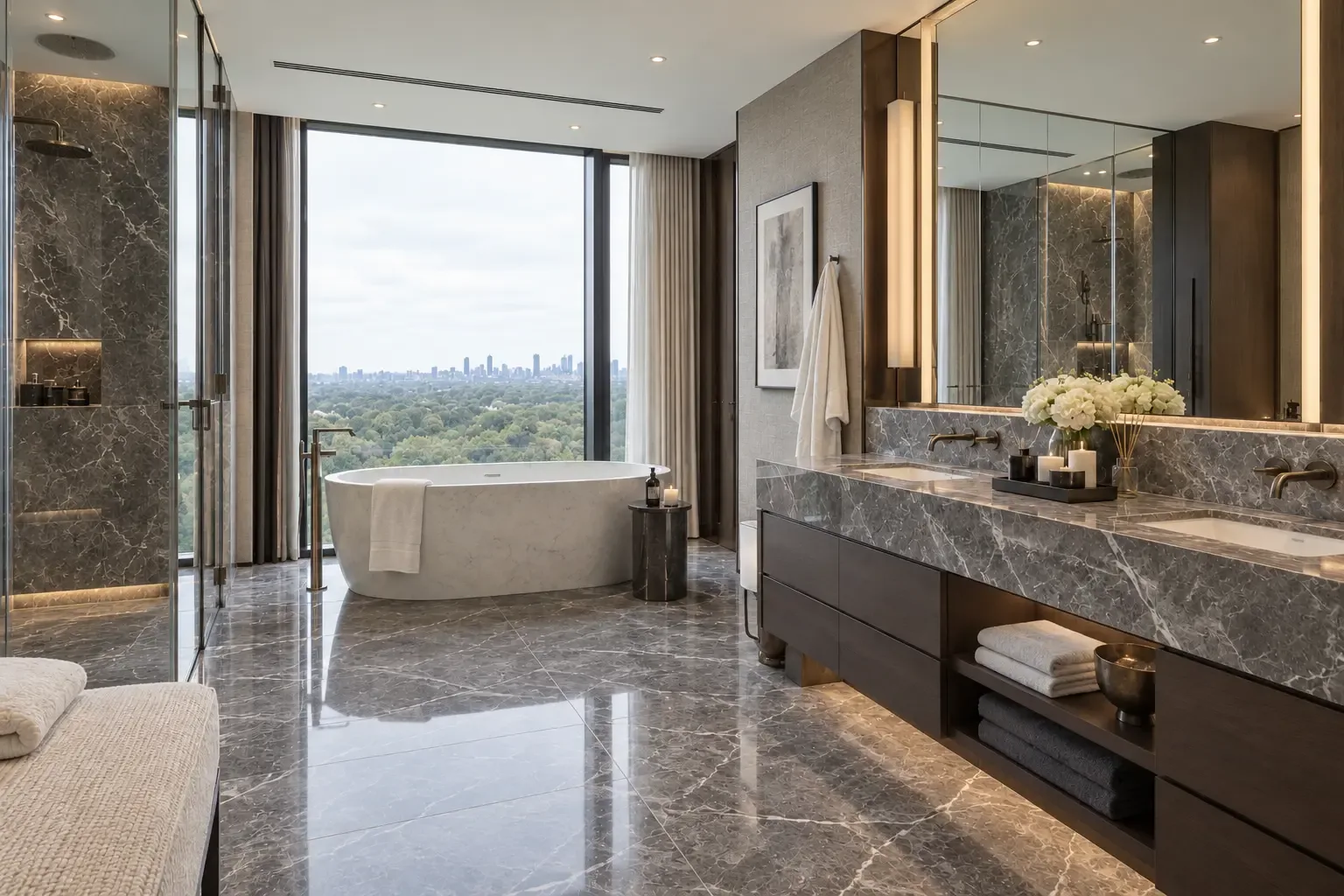 Marble bathroom with freestanding bath at The Knightsbridge Penthouse Suite