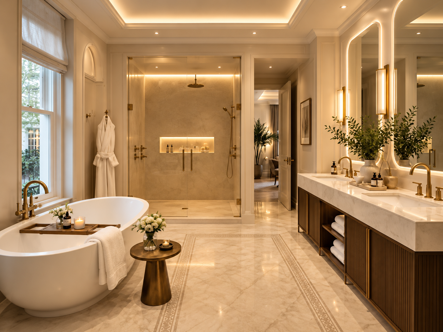 Marble bathroom with freestanding bath and walk-in shower at The Knightsbridge Private Residence