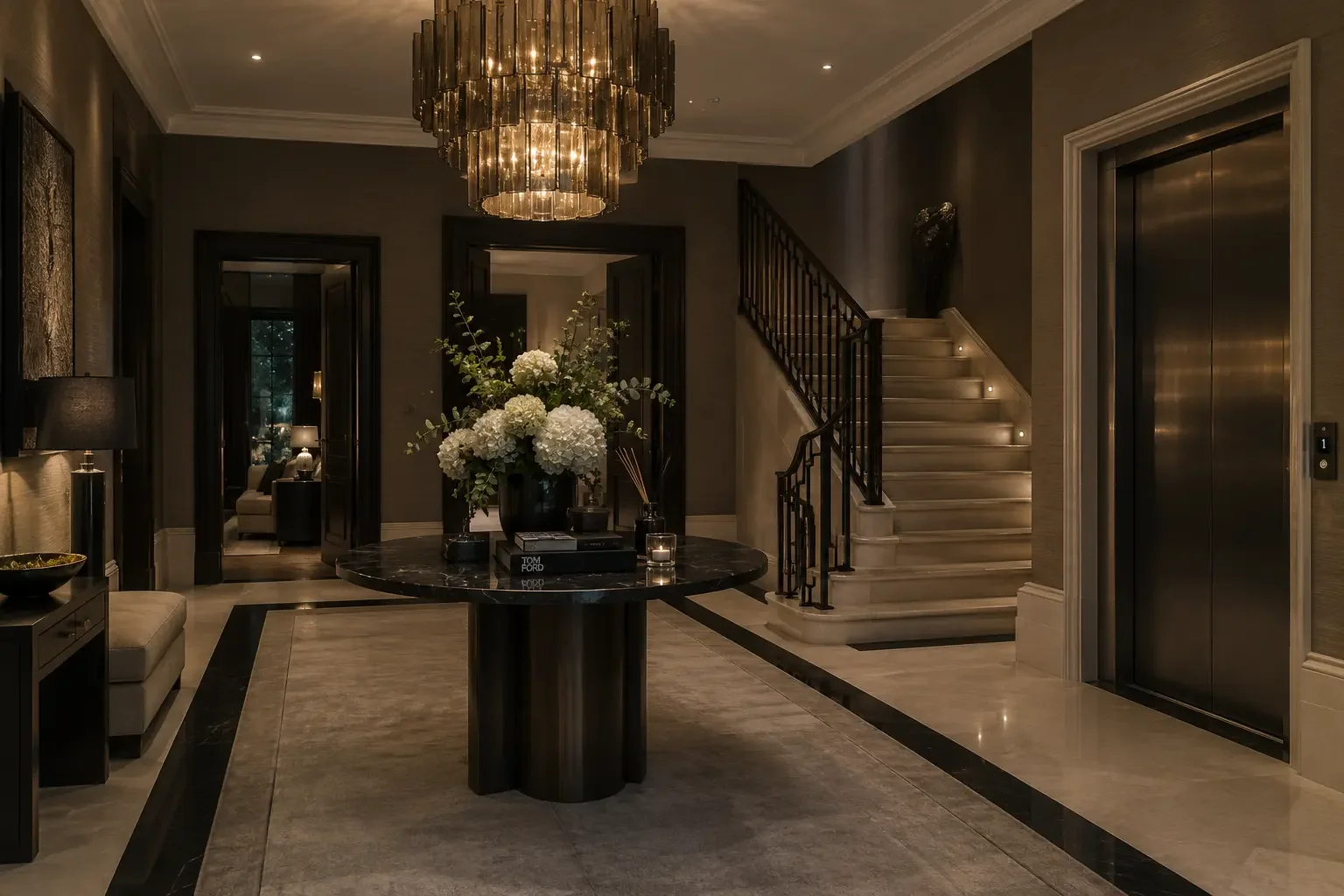 Entrance hall with staircase and lift at the Chelsea Private Residence
