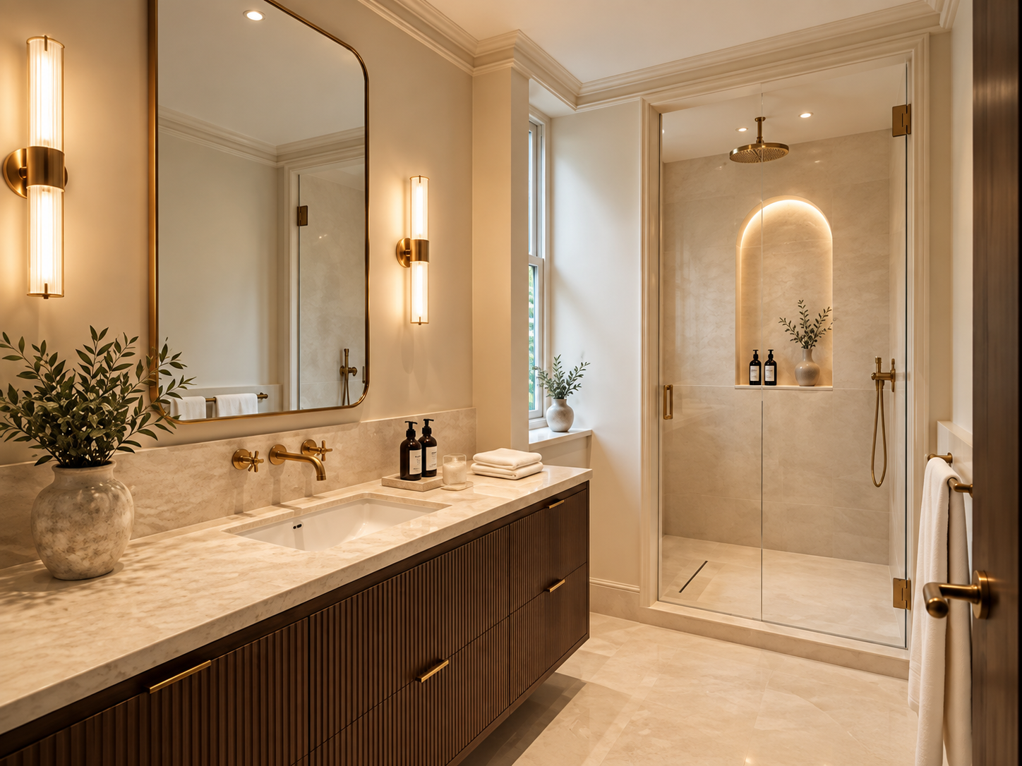 Guest shower room with marble vanity at The Knightsbridge Private Residence