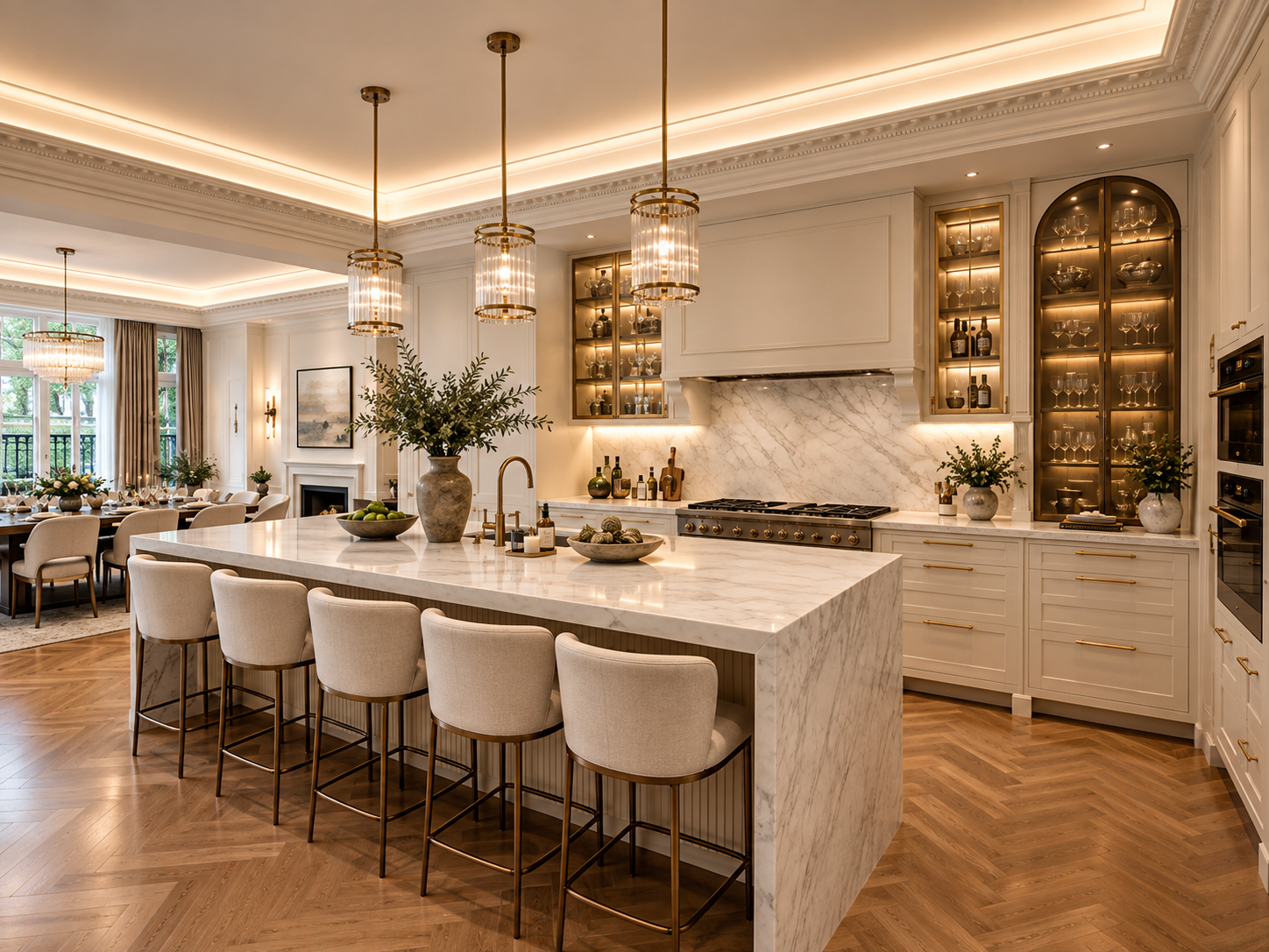 Kitchen with marble island and open dining room at The Knightsbridge Private Residence