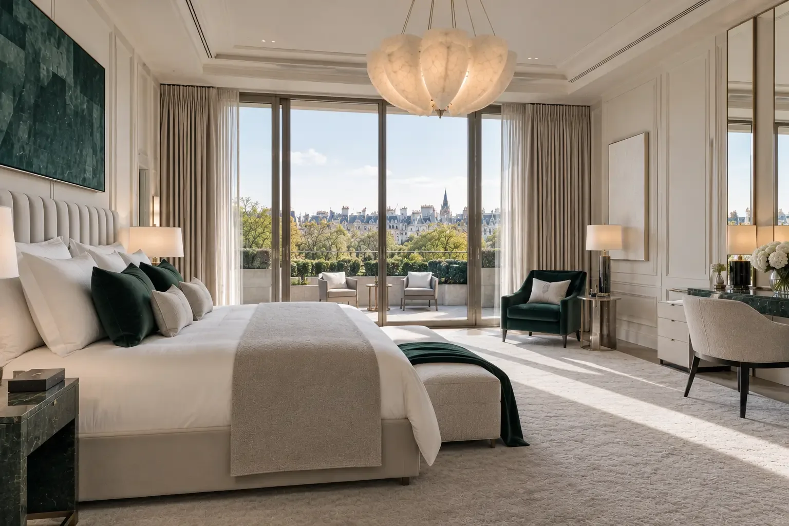 Bedroom with emerald accents and tall windows at The Belgravia Penthouse Suite