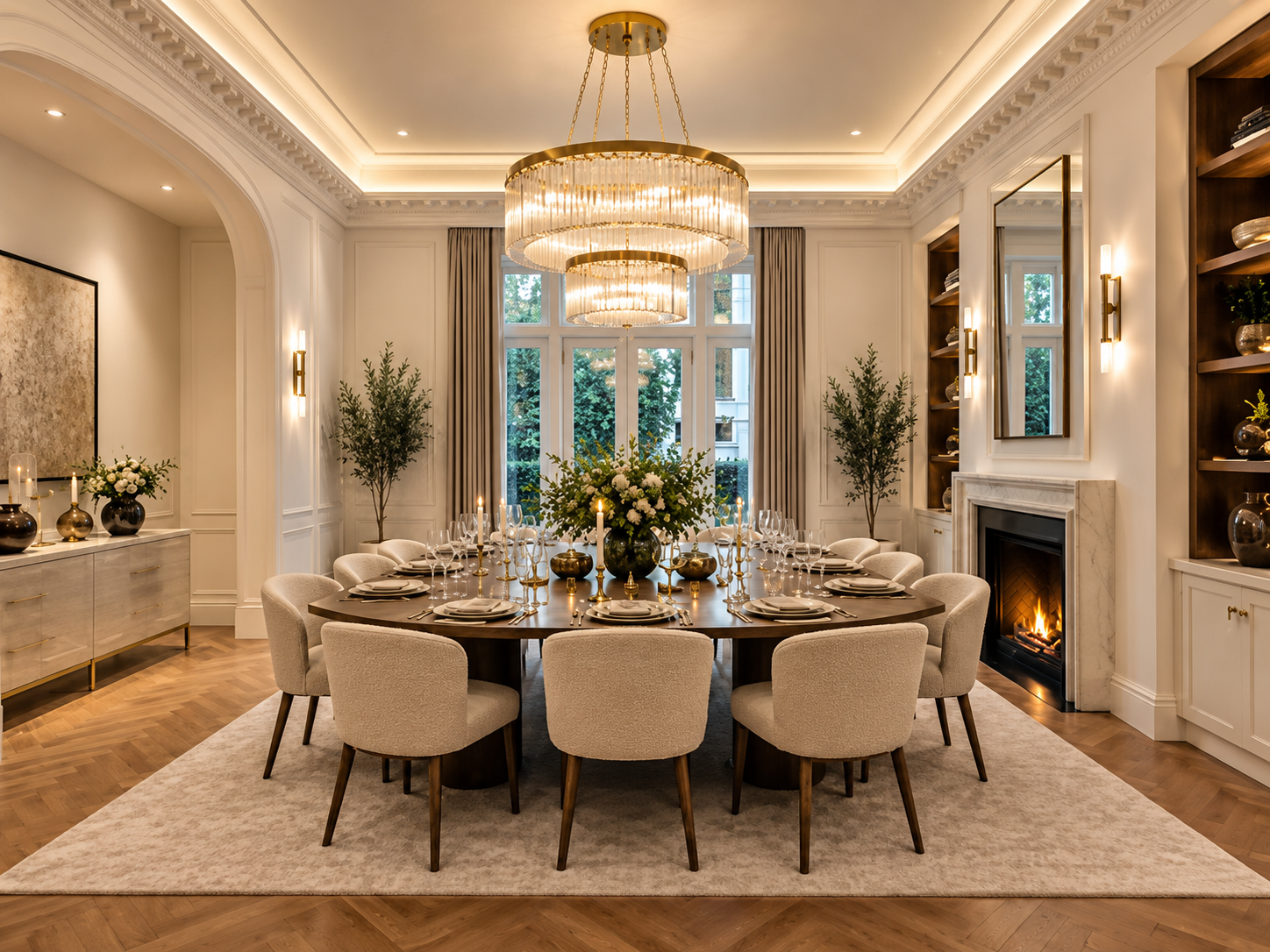 Formal dining room seating twelve beneath a crystal chandelier at The Knightsbridge Private Residence