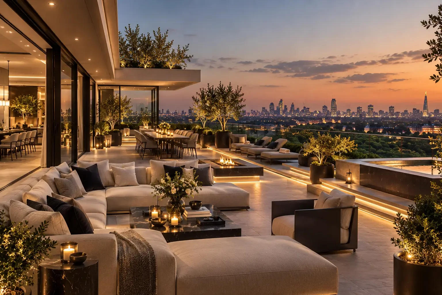 Furnished rooftop terrace with lounge seating and dining area at sunset at The Mayfair Penthouse Suite